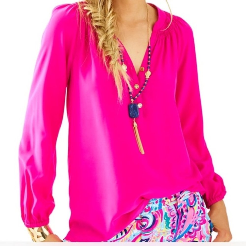 🎉HP🎉 Lilly Putlizer Neon Hot Pink Silk Blouse / Top - Picture 2 of 6